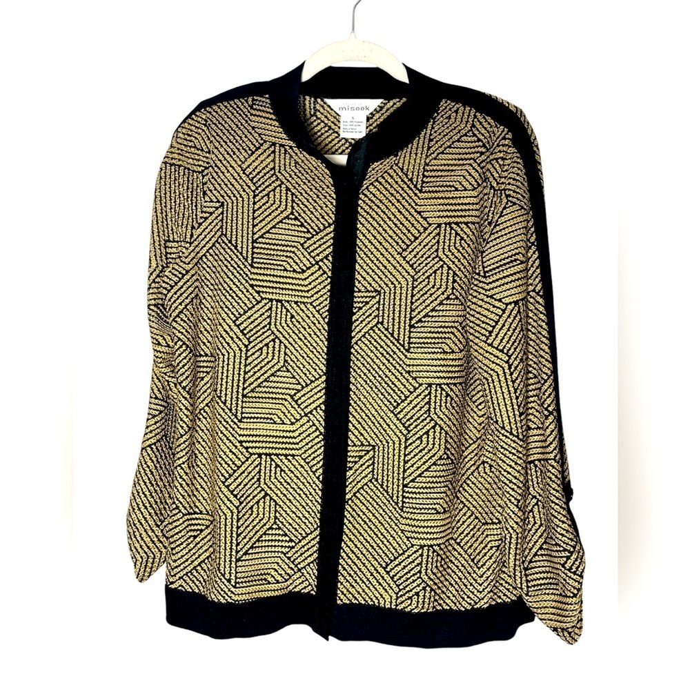 Misook Tan Black Geometric Print Snap Jacket Sz Small Lightweight Open Weave